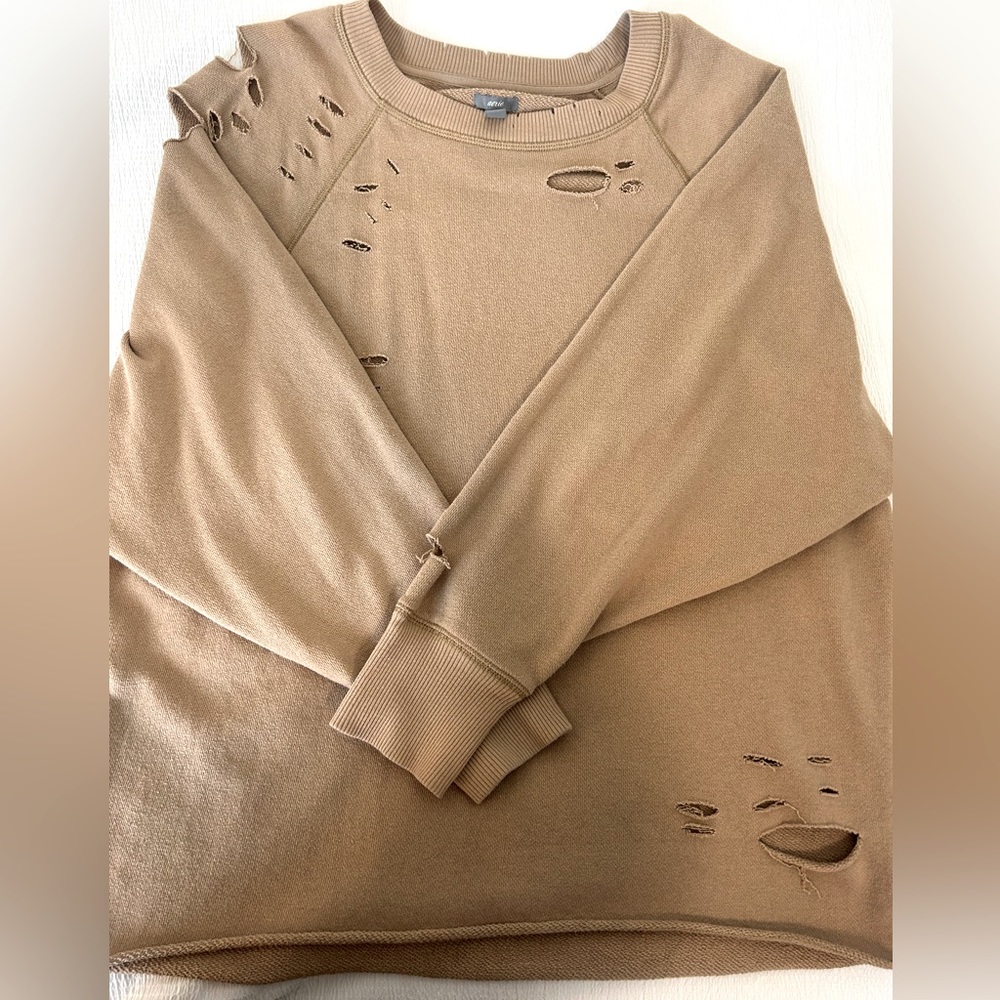 Aerie by American eagle tan distressed crew neck sweater